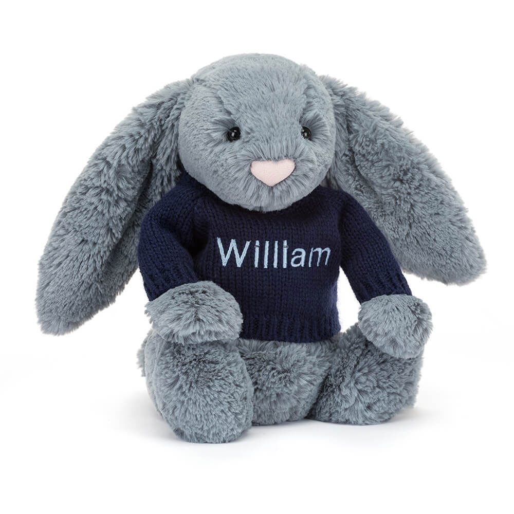 Bashful Dusky Blue Bunny with Personalized Navy Jumper