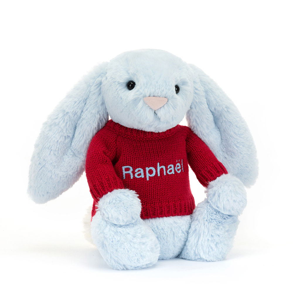 Bashful Blue Bunny with Personalized Red Jumper